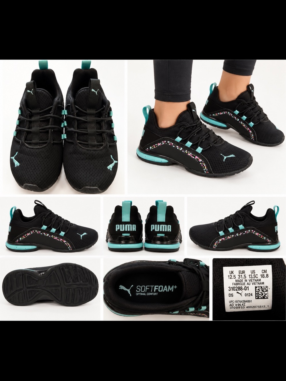 PUMA Kids 13.5C Black Aqua Floral SoftFoam+ Athletic Sneakers Shoes